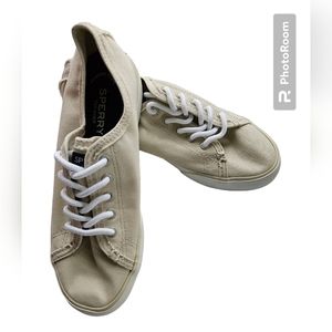NWOT SPERRY TOP-SIDER Tan Canvas Raw Edge Laced Slip-Ons | SZ 7